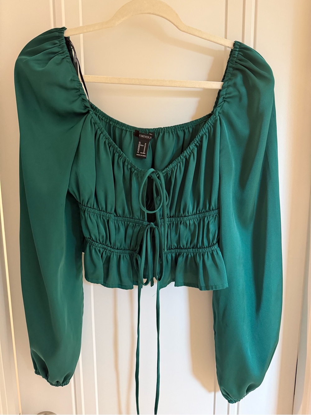Forever 21 Emerald Green Peasant Tie-Front Blouse